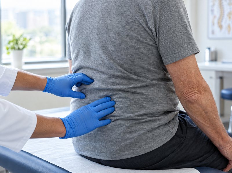 A clinician's gloved hands examining a patient's lower back