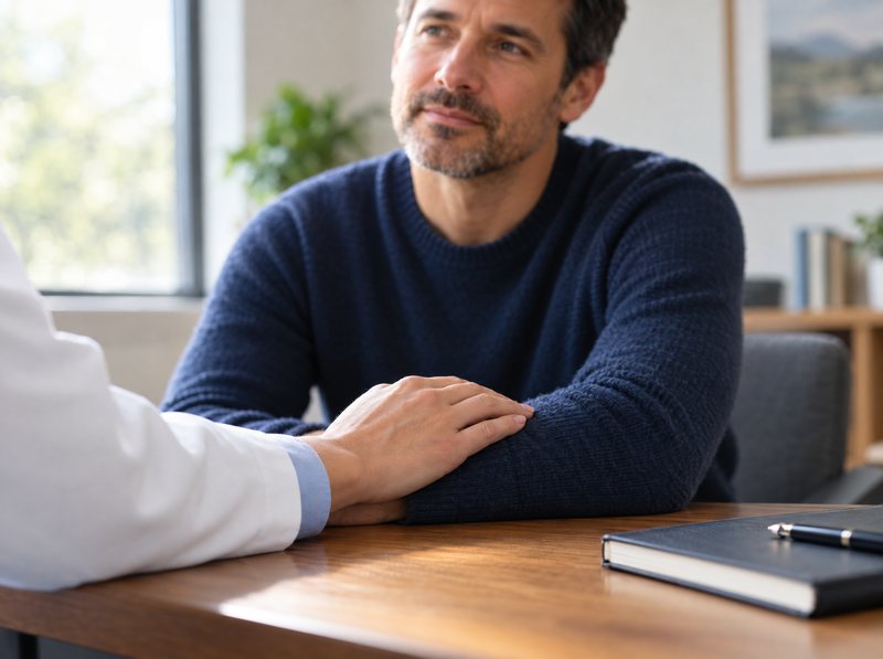 A reassuring hand on a patient's forearm during a private consultation
