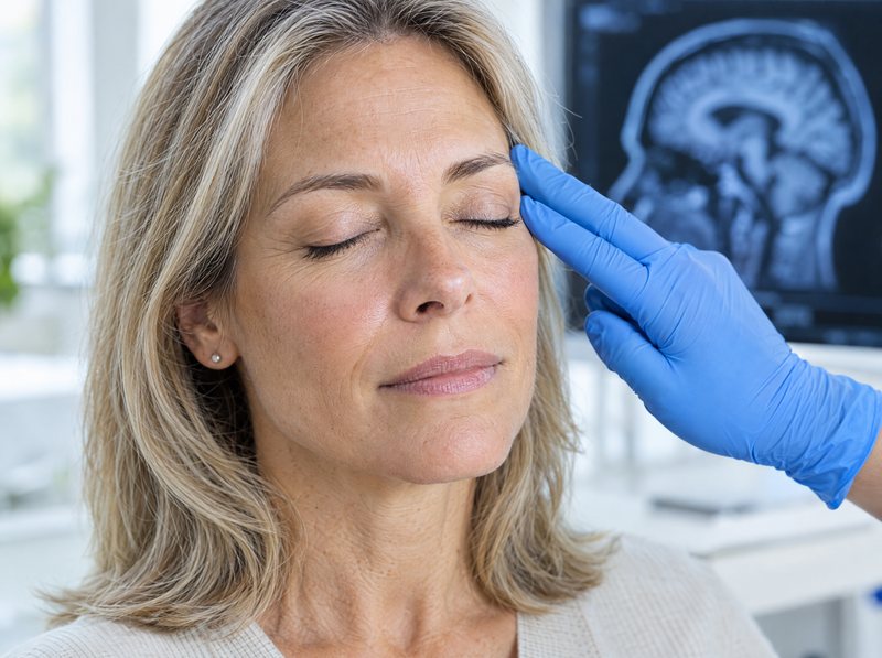 A patient at ease as gloved fingertips rest at her temple, a brain scan behind
