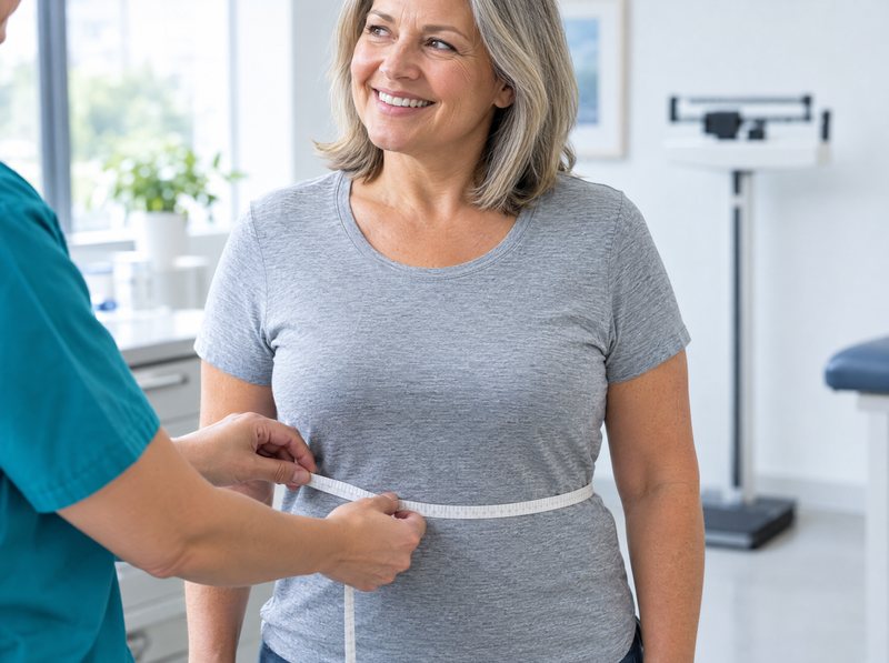 A patient smiling as her waist is measured in the clinic